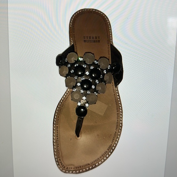 STUART WEITZMAN flat rhinestone jewels sandal brass leather thong slip on EUC - Picture 12 of 16